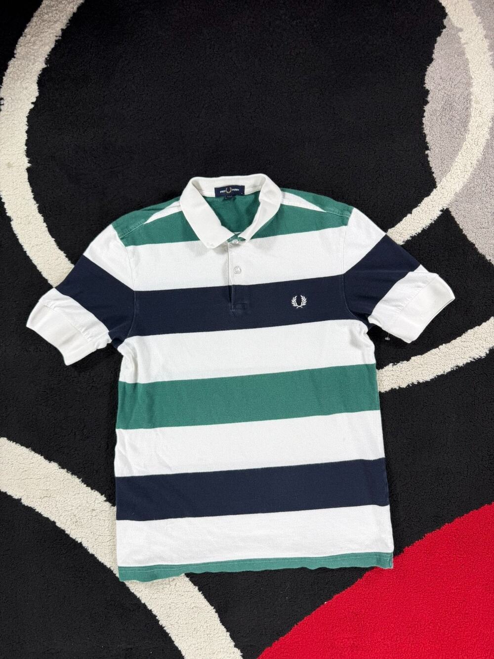 Fred Perry Polo Shirt Mens Medium Green Navy Striped Short Sleeve Polo Golf